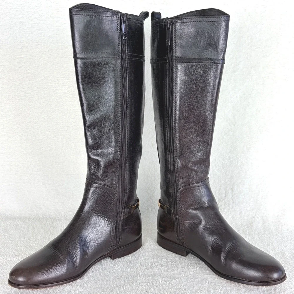 Tory Burch Jess Dark Brown Leather Knee High Riding Boots Gold‎ Horsebit 7.5M